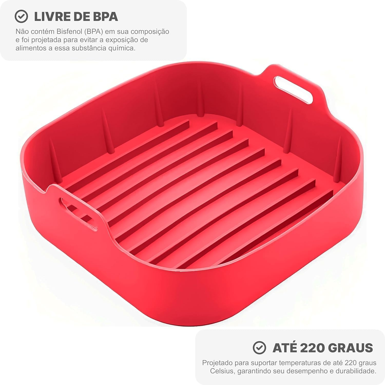 Panela de Silicone Quadrada Fritadeira Microondas C/Alça Forma 20x20cm Cesto para Air Fryer