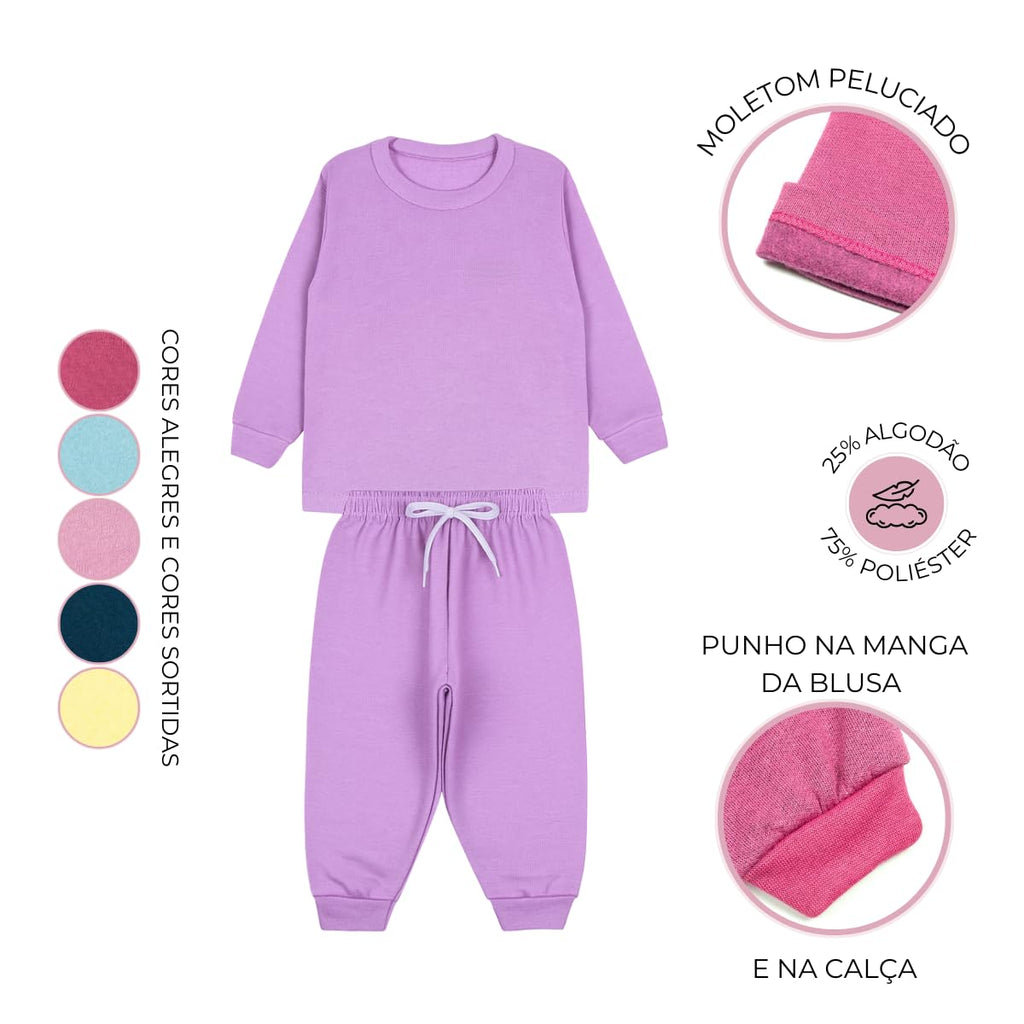 Kit 4 Peças Conjunto Inverno Infantil Liso Frio Premium Moletom Menina Feminino Quentinho Confortável Bebê Roupa Criança (2 Moletons + 2 Calças) - 1 A 8 Anos
