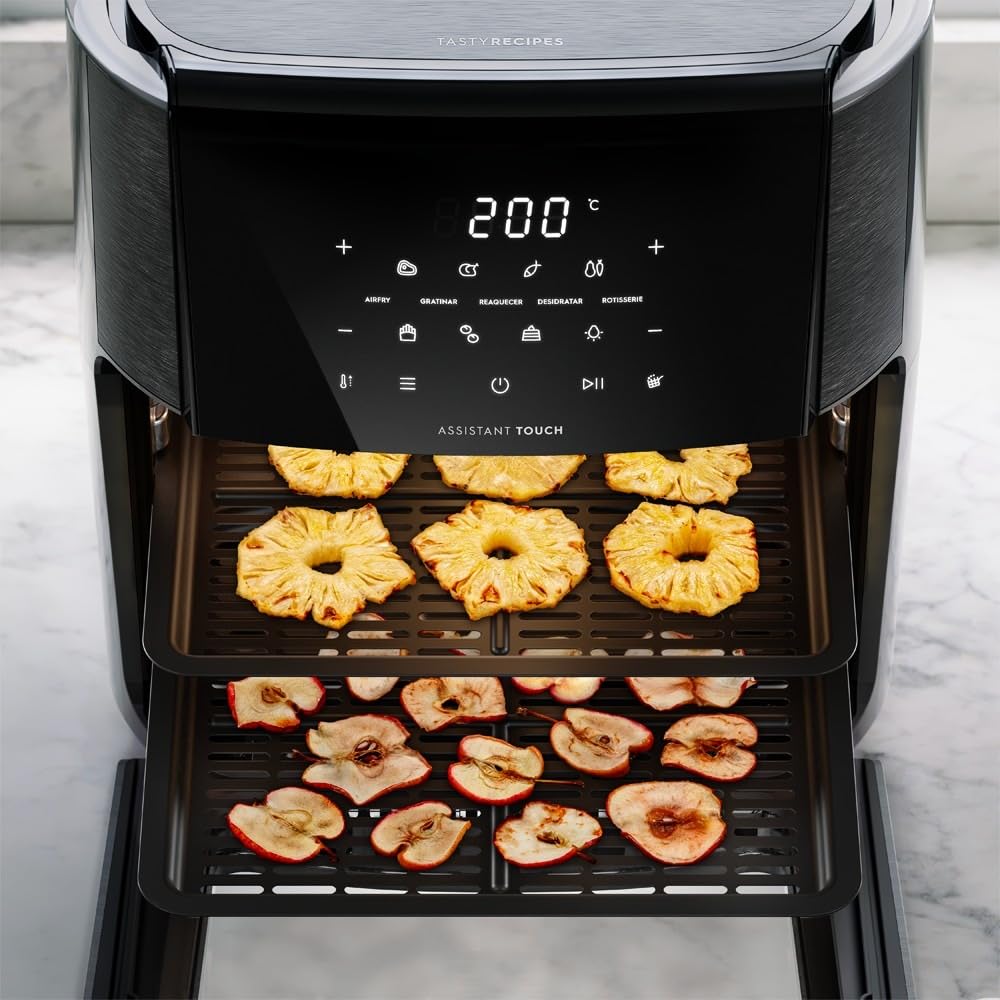 Electrolux Air Fryer Forno 5 x 1 12L 1700W Digital Espeto Giratório 2 Bandejas Antiaderentes 10 funções 7 Receitas aviso sonoro Fritadeira Elétrica sem Óleo Forno Bancada EAF90 Grafite 220V