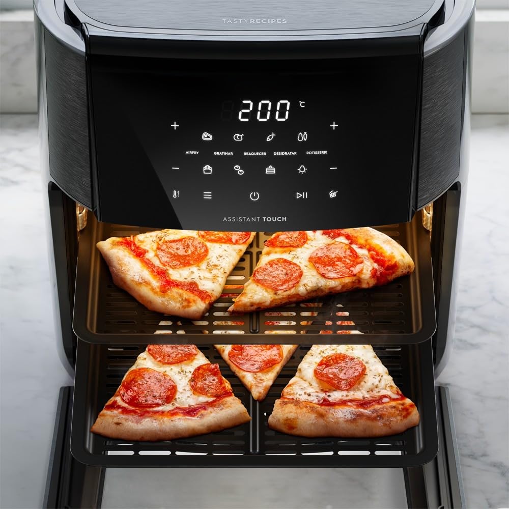 Electrolux Air Fryer Forno 5 x 1 12L 1700W Digital Espeto Giratório 2 Bandejas Antiaderentes 10 funções 7 Receitas aviso sonoro Fritadeira Elétrica sem Óleo Forno Bancada EAF90 Grafite 220V