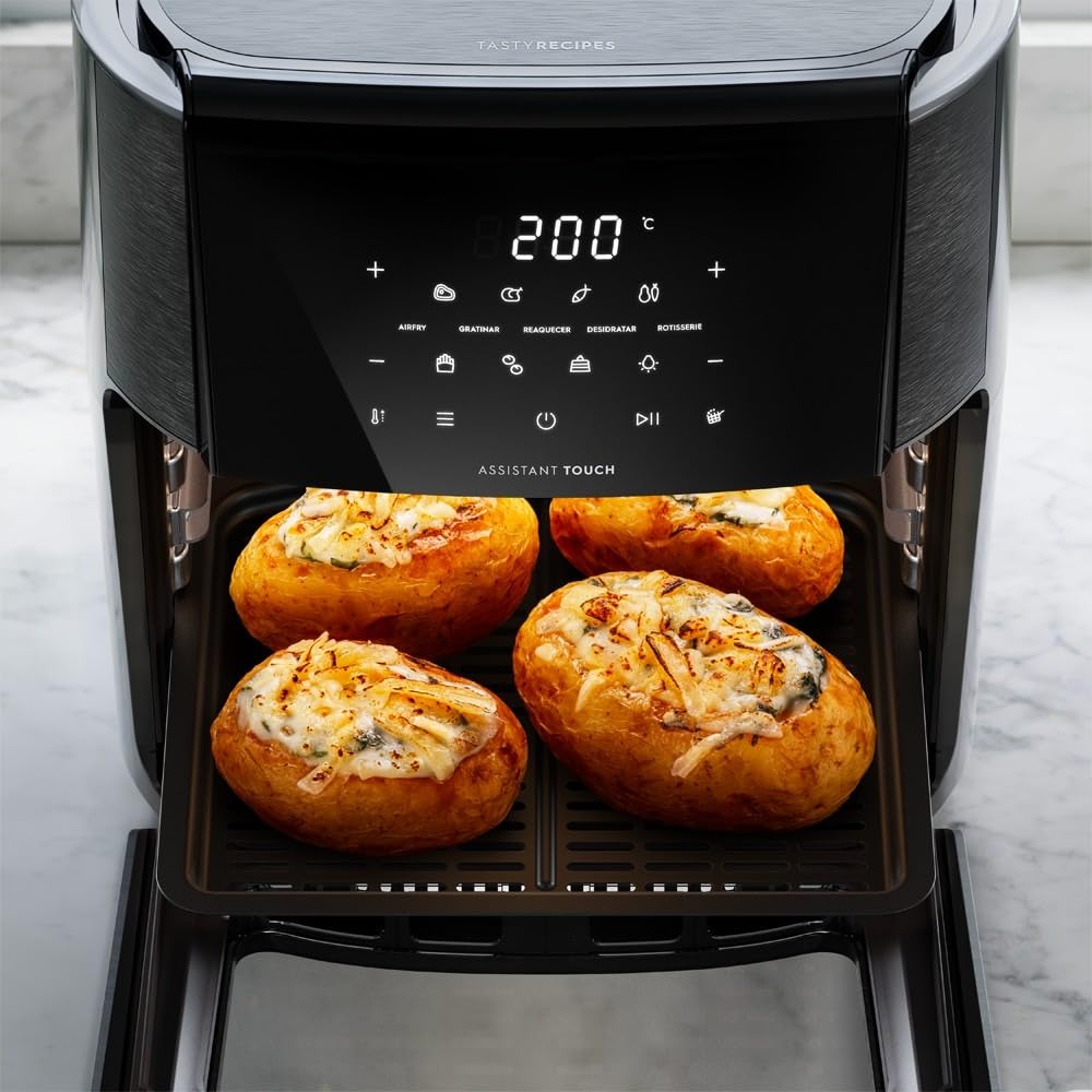 Electrolux Air Fryer Forno 5 x 1 12L 1700W Digital Espeto Giratório 2 Bandejas Antiaderentes 10 funções 7 Receitas aviso sonoro Fritadeira Elétrica sem Óleo Forno Bancada EAF90 Grafite 220V