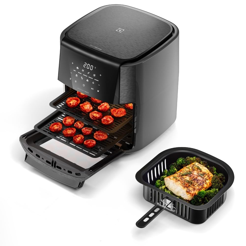 Electrolux Air Fryer Forno 5 x 1 12L 1700W Digital Espeto Giratório 2 Bandejas Antiaderentes 10 funções 7 Receitas aviso sonoro Fritadeira Elétrica sem Óleo Forno Bancada EAF90 Grafite 220V