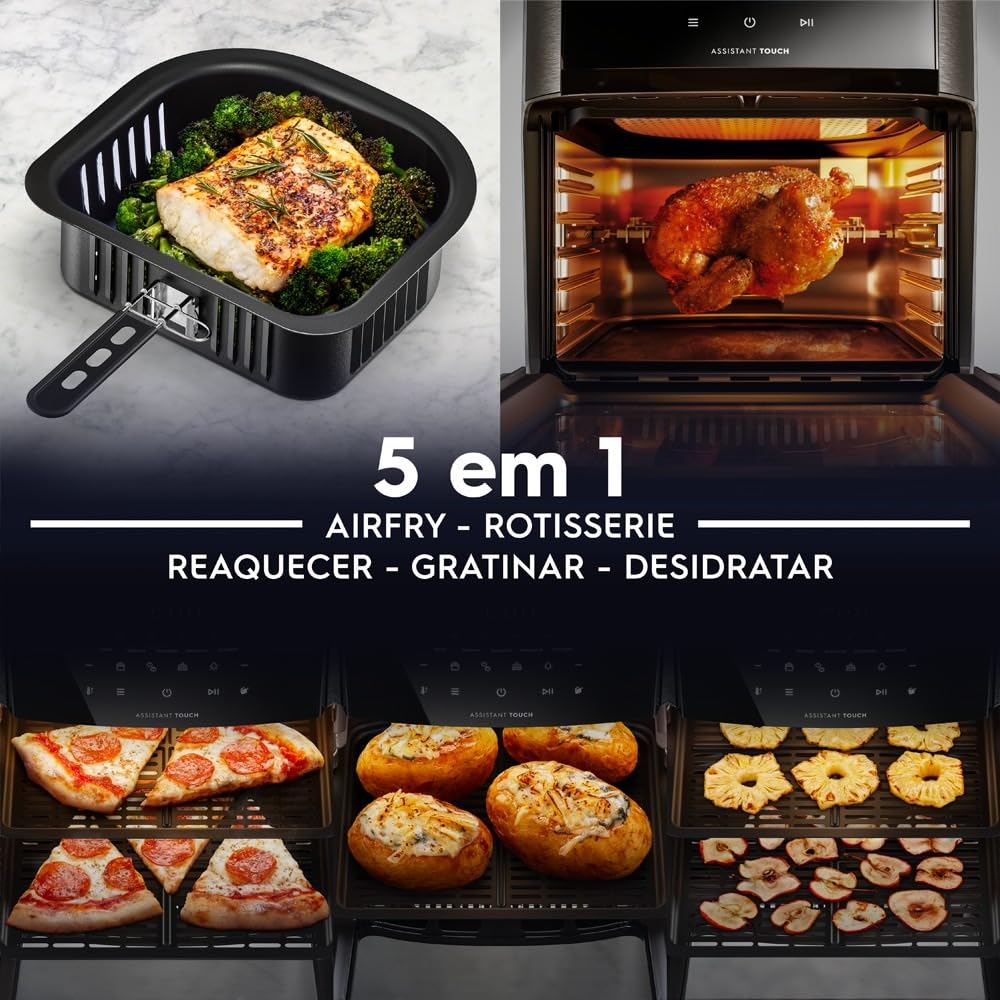 Electrolux Air Fryer Forno 5 x 1 12L 1700W Digital Espeto Giratório 2 Bandejas Antiaderentes 10 funções 7 Receitas aviso sonoro Fritadeira Elétrica sem Óleo Forno Bancada EAF90 Grafite 220V