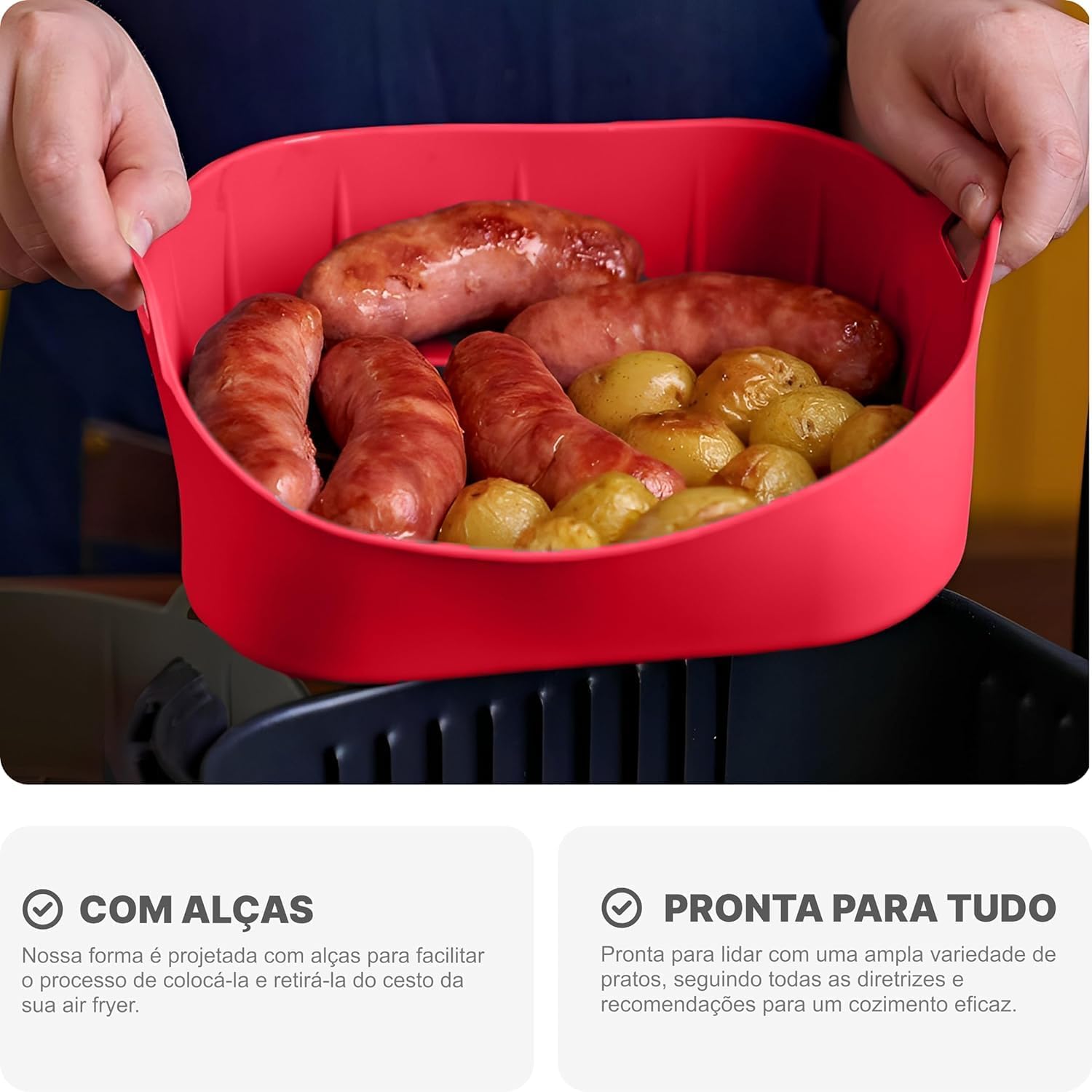 Panela de Silicone Quadrada Fritadeira Microondas C/Alça Forma 20x20cm Cesto para Air Fryer