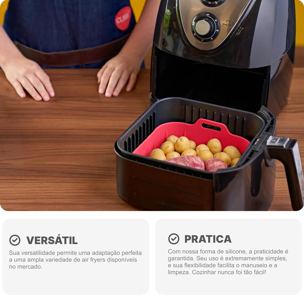 Panela de Silicone Quadrada Fritadeira Microondas C/Alça Forma 20x20cm Cesto para Air Fryer