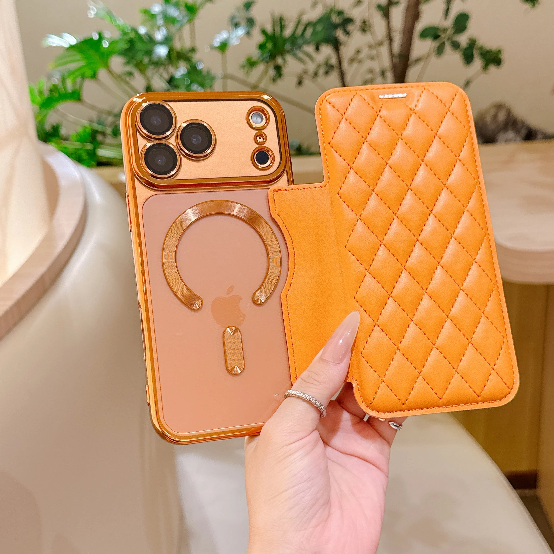 Grid PU Leather Flip Wallet Phone Case for iPhone Air 17 Pro Max Card Slots Full Protection Wireless Charging Magnetic Cover