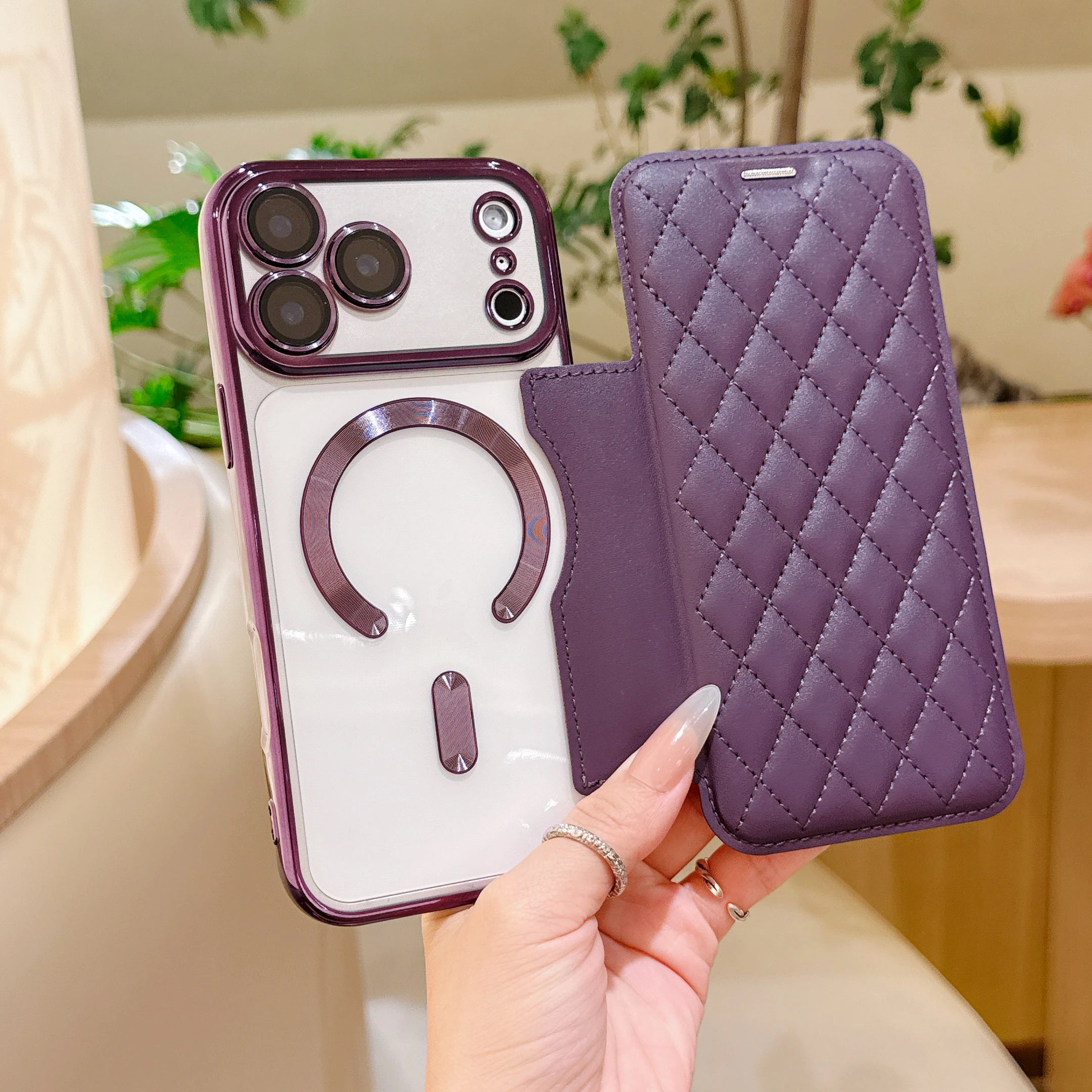Grid PU Leather Flip Wallet Phone Case for iPhone Air 17 Pro Max Card Slots Full Protection Wireless Charging Magnetic Cover