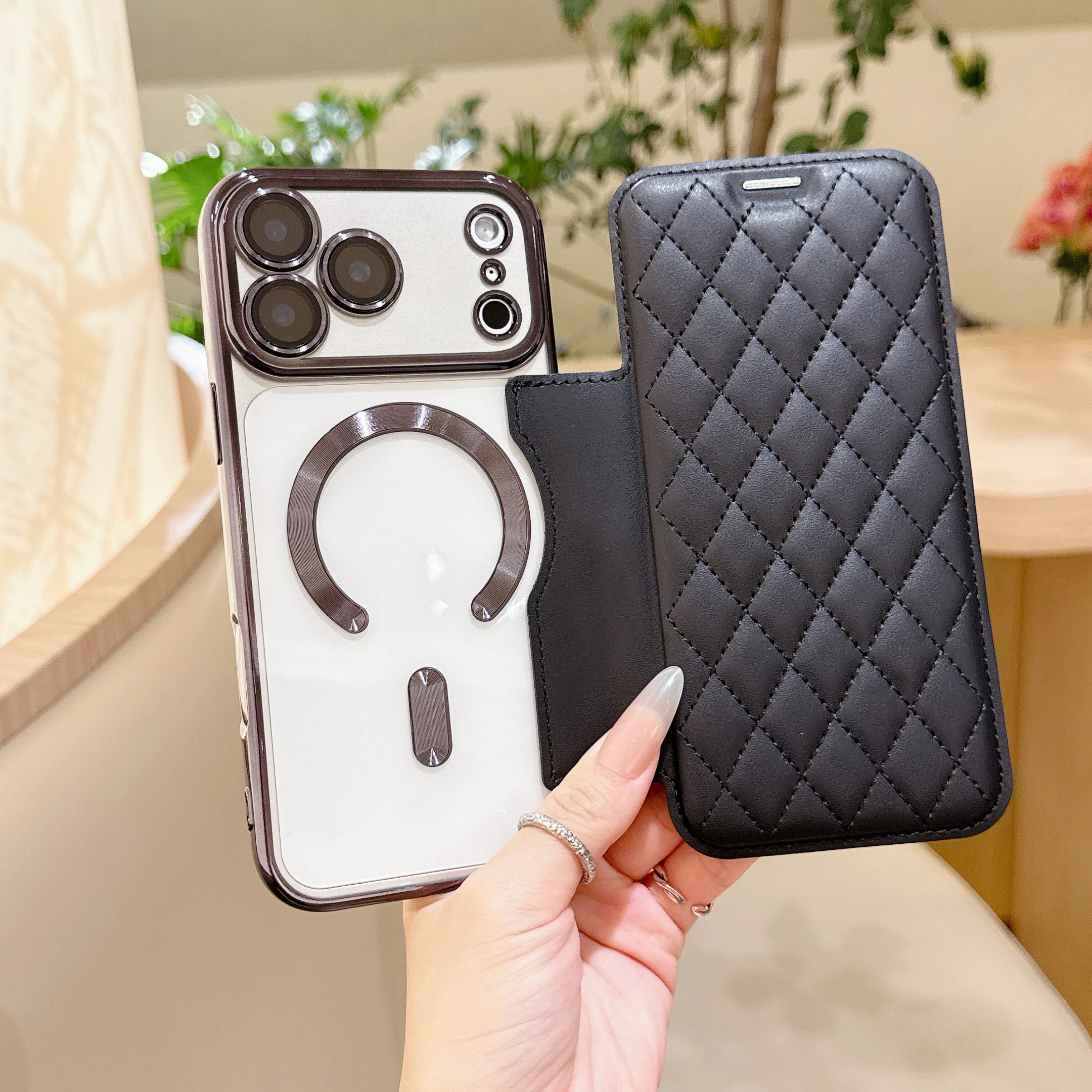 Grid PU Leather Flip Wallet Phone Case for iPhone Air 17 Pro Max Card Slots Full Protection Wireless Charging Magnetic Cover