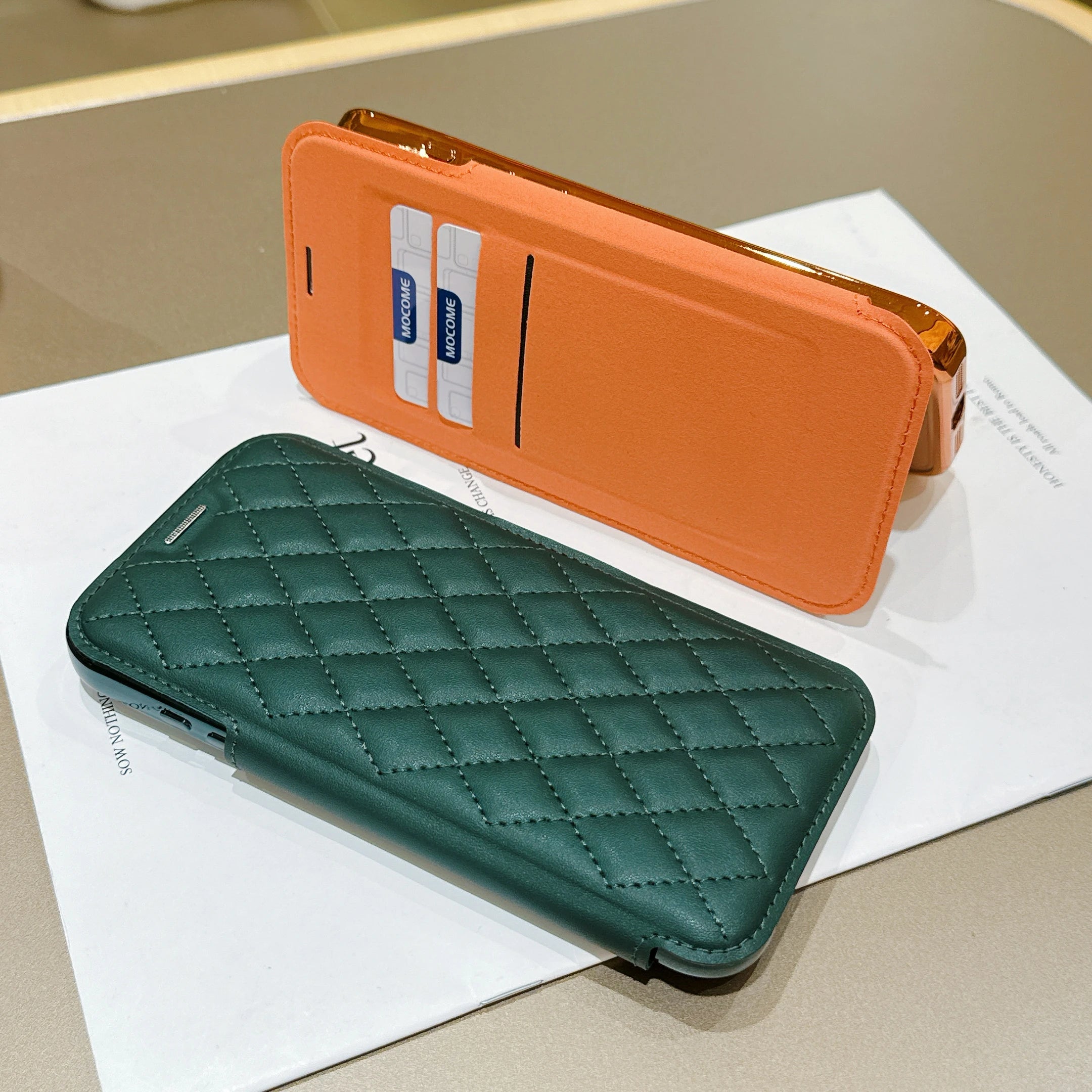 Grid PU Leather Flip Wallet Phone Case for iPhone Air 17 Pro Max Card Slots Full Protection Wireless Charging Magnetic Cover