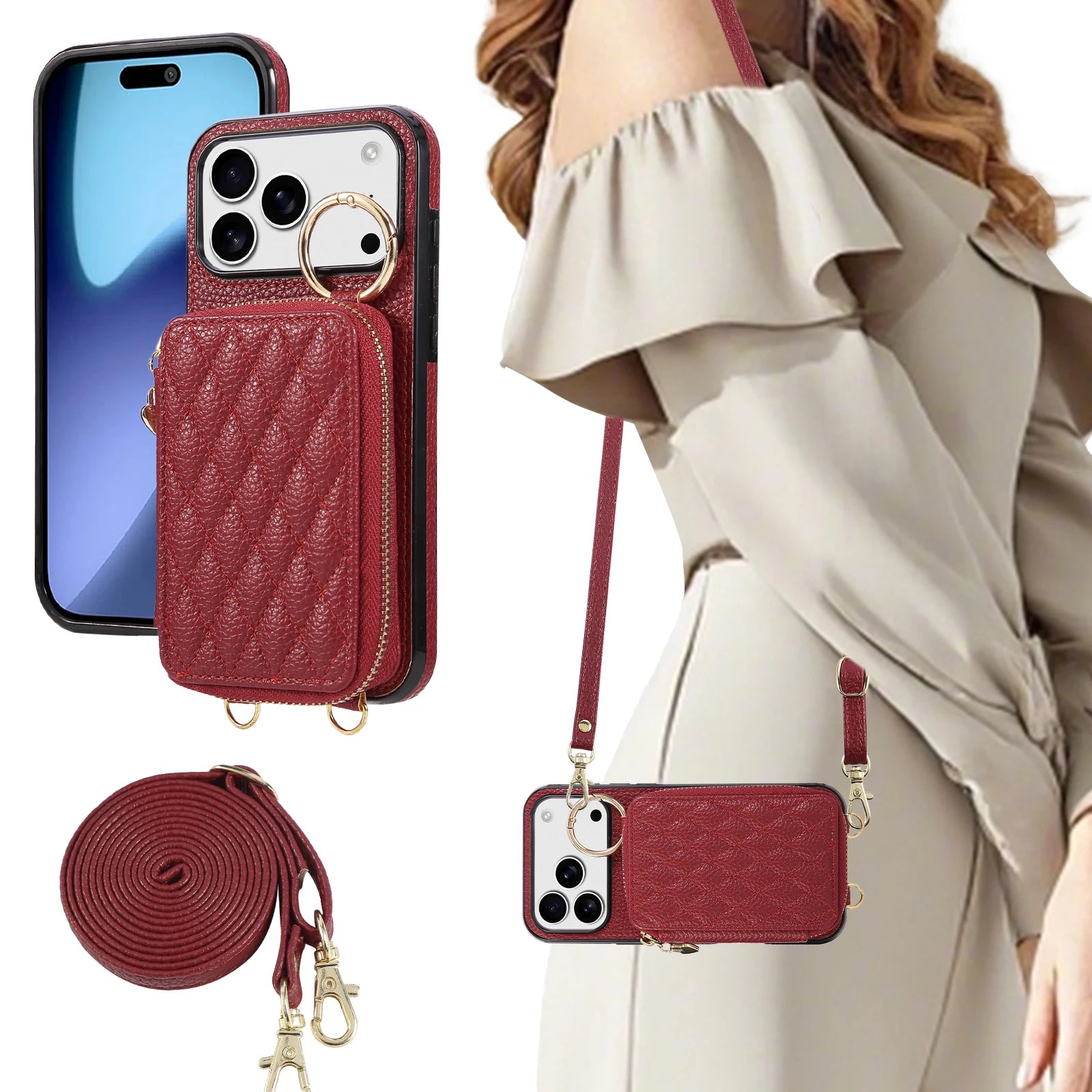 Luxury Leather Pattern Mobile Phone Case Wallet for iphone 17promax 16 15/14/13 Card Bag Crossbody Lanyard