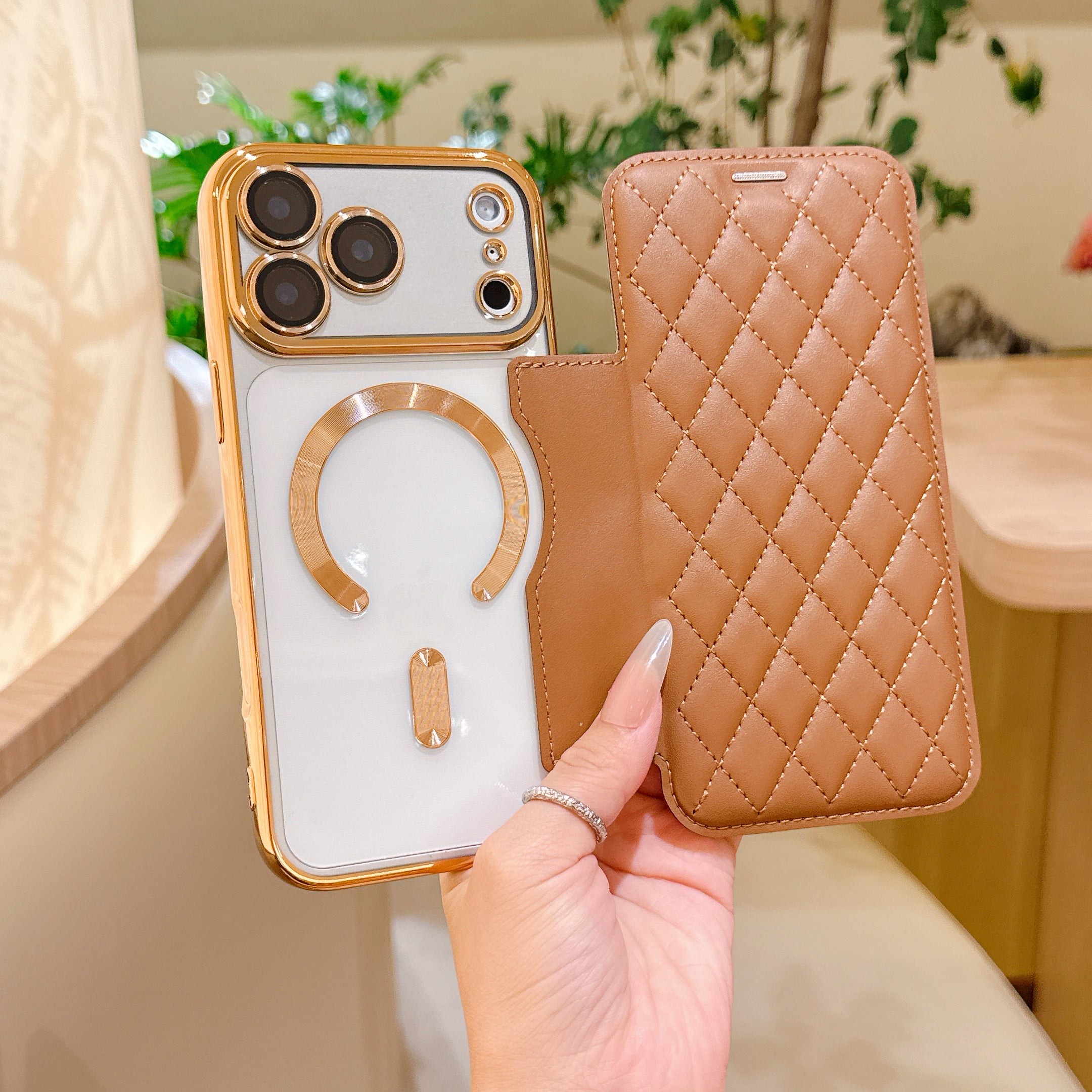 Grid PU Leather Flip Wallet Phone Case for iPhone Air 17 Pro Max Card Slots Full Protection Wireless Charging Magnetic Cover