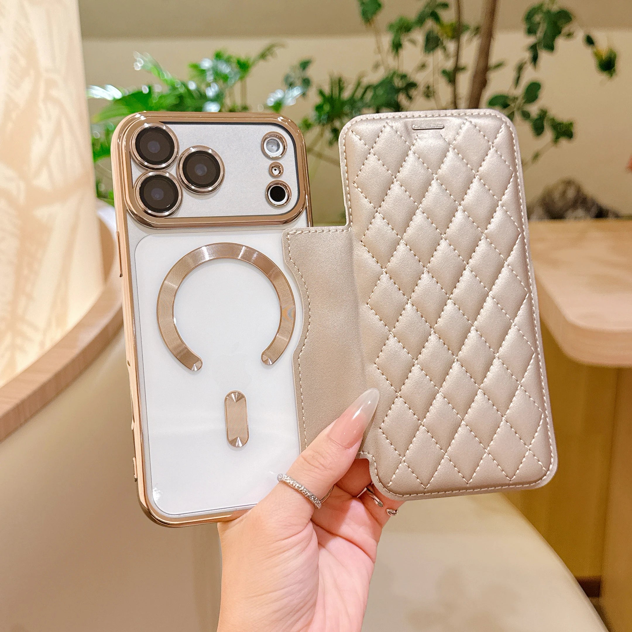 Grid PU Leather Flip Wallet Phone Case for iPhone Air 17 Pro Max Card Slots Full Protection Wireless Charging Magnetic Cover