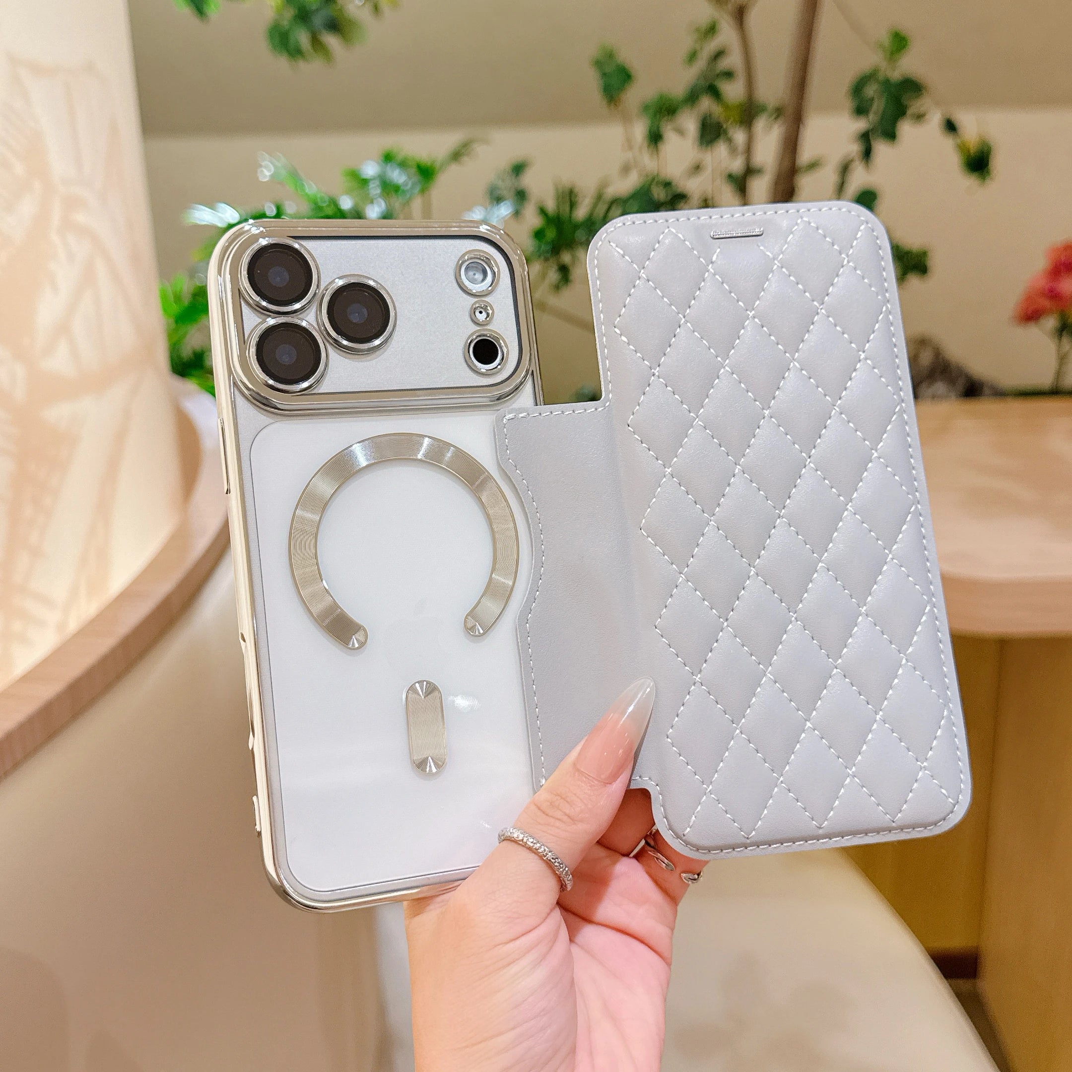 Grid PU Leather Flip Wallet Phone Case for iPhone Air 17 Pro Max Card Slots Full Protection Wireless Charging Magnetic Cover