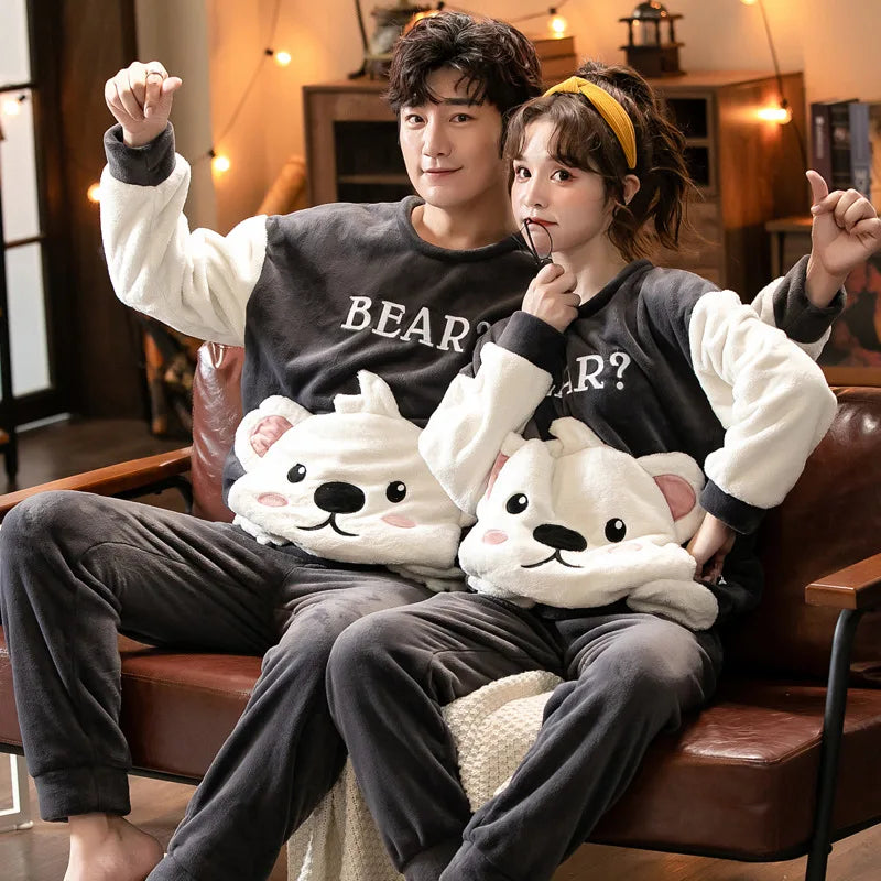 Couple Pajamas Set Winter Flannel Pyjamas Women Home Wear Nightwear 2Pcs Men's Sleepwear Cartoon Panda Pijama Warm Clothes Suit