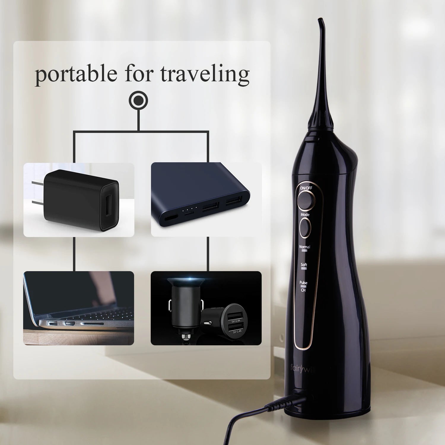 Fairywill Portable Dental Water Flosser Oral Irrigator USB Rechargeable Water Floss Jet Tooth Pick 7Tips 300ml Mouth washing ma