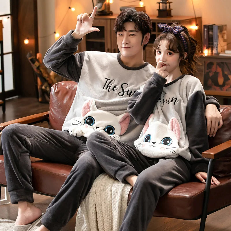 Couple Pajamas Set Winter Flannel Pyjamas Women Home Wear Nightwear 2Pcs Men's Sleepwear Cartoon Panda Pijama Warm Clothes Suit
