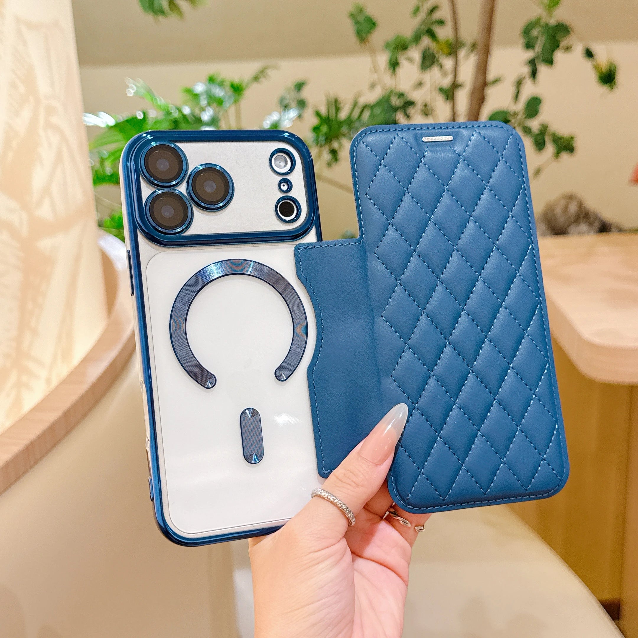 Grid PU Leather Flip Wallet Phone Case for iPhone Air 17 Pro Max Card Slots Full Protection Wireless Charging Magnetic Cover