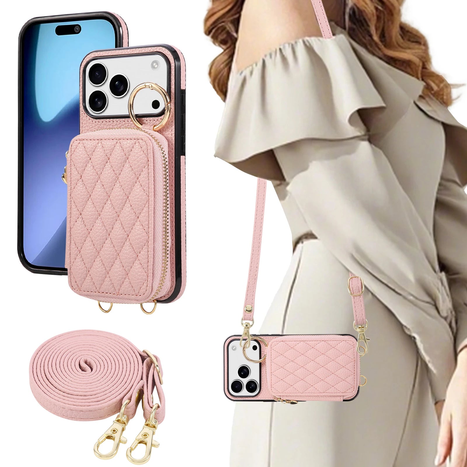 Luxury Leather Pattern Mobile Phone Case Wallet for iphone 17promax 16 15/14/13 Card Bag Crossbody Lanyard