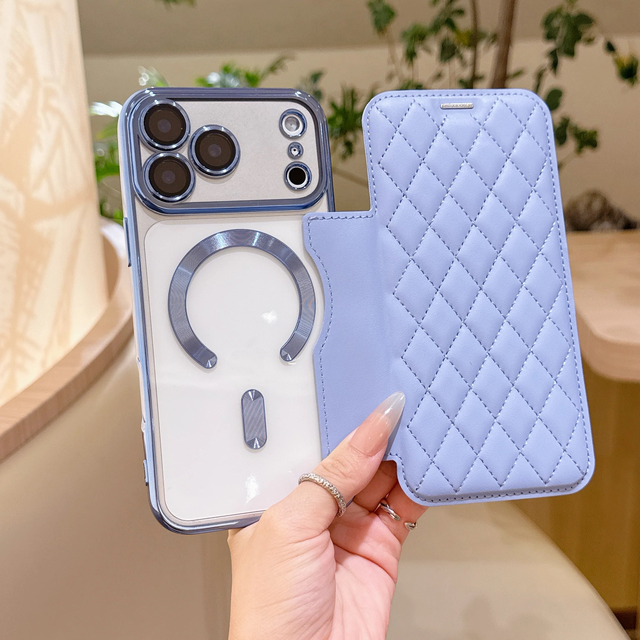 Grid PU Leather Flip Wallet Phone Case for iPhone Air 17 Pro Max Card Slots Full Protection Wireless Charging Magnetic Cover