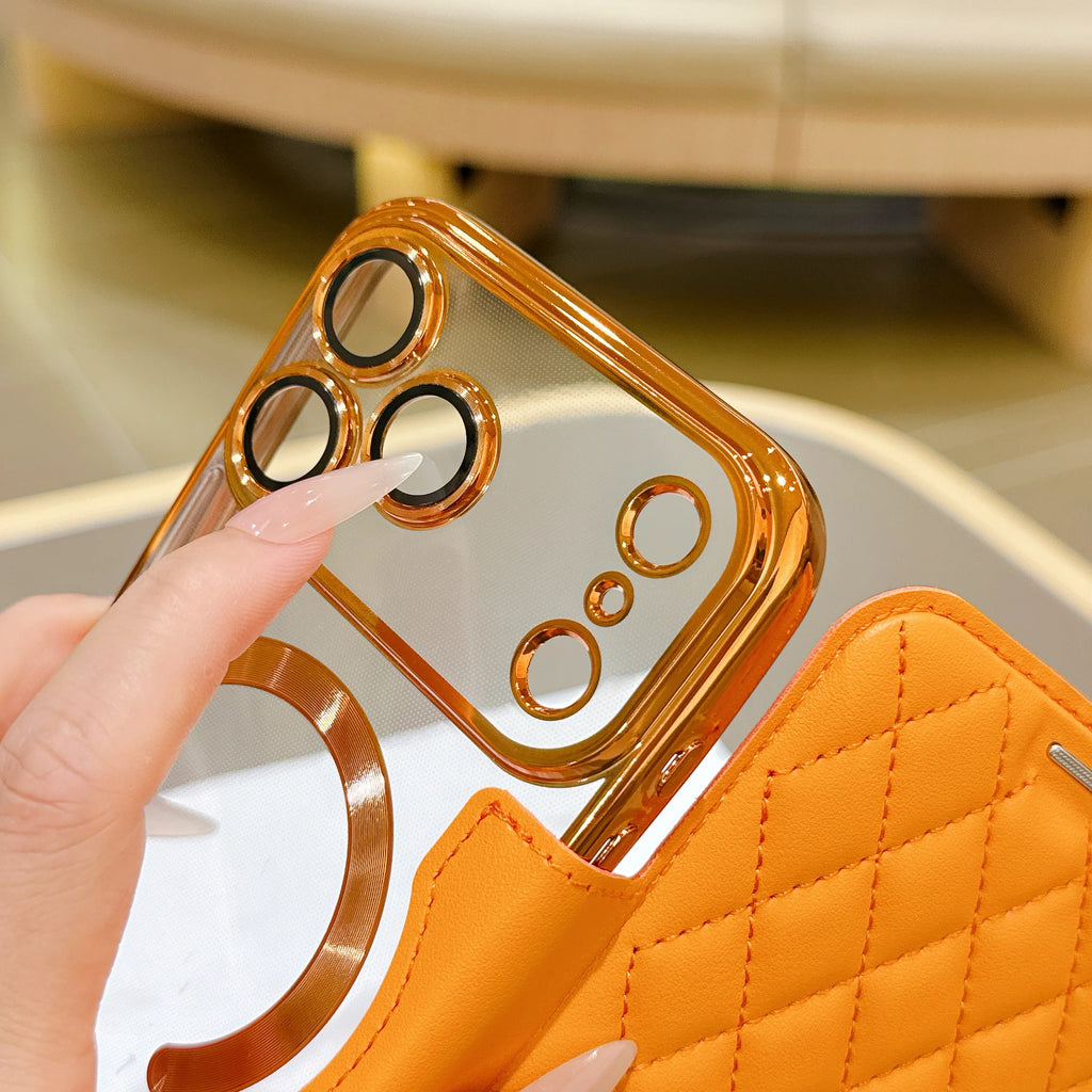 Grid PU Leather Flip Wallet Phone Case for iPhone Air 17 Pro Max Card Slots Full Protection Wireless Charging Magnetic Cover
