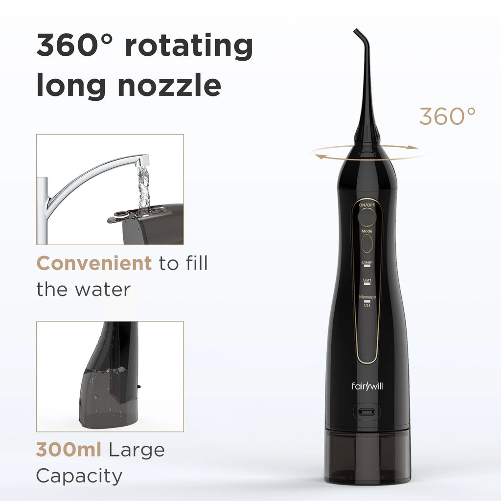Fairywill Portable Dental Water Flosser Oral Irrigator USB Rechargeable Water Floss Jet Tooth Pick 7Tips 300ml Mouth washing ma