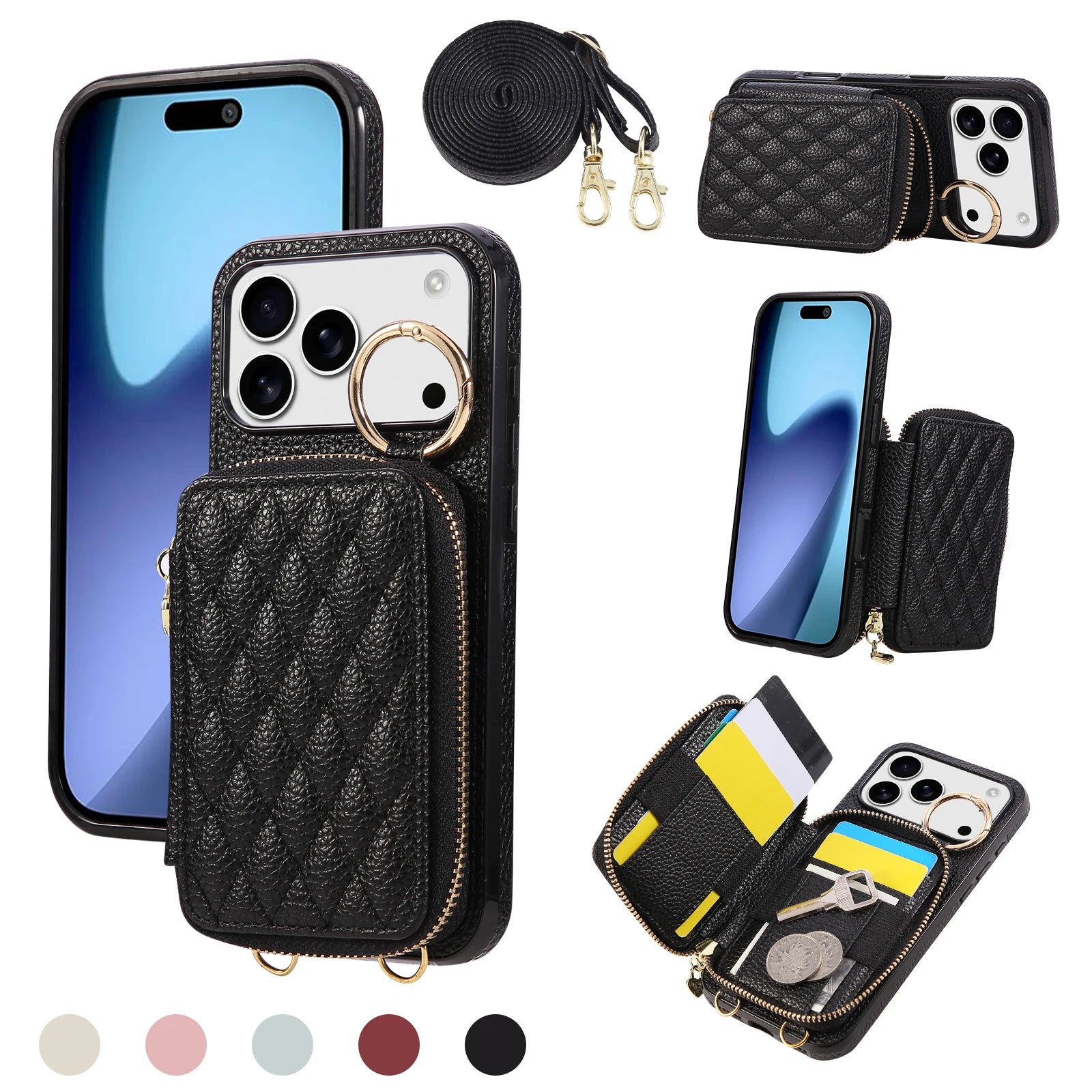 Luxury Leather Pattern Mobile Phone Case Wallet for iphone 17promax 16 15/14/13 Card Bag Crossbody Lanyard