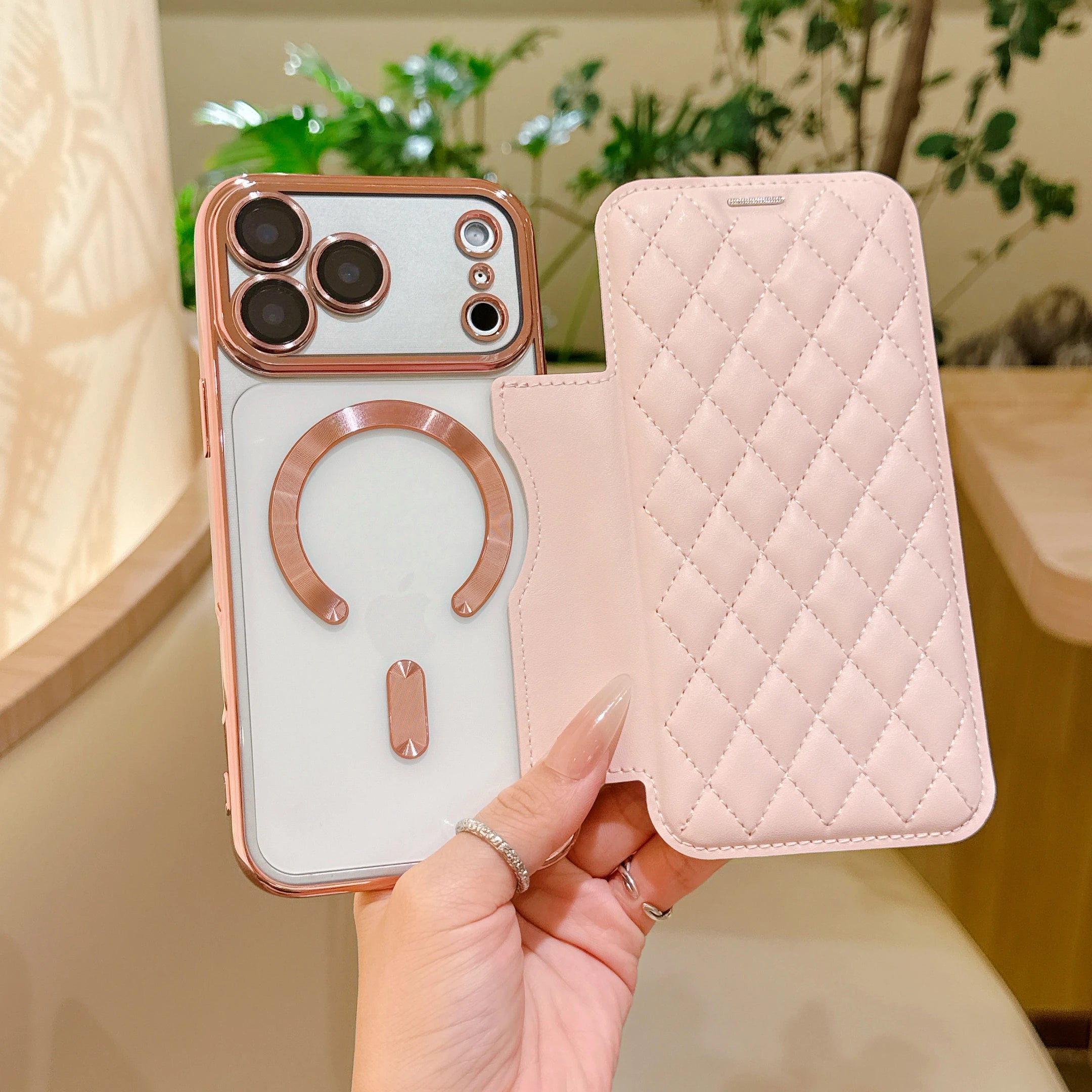 Grid PU Leather Flip Wallet Phone Case for iPhone Air 17 Pro Max Card Slots Full Protection Wireless Charging Magnetic Cover