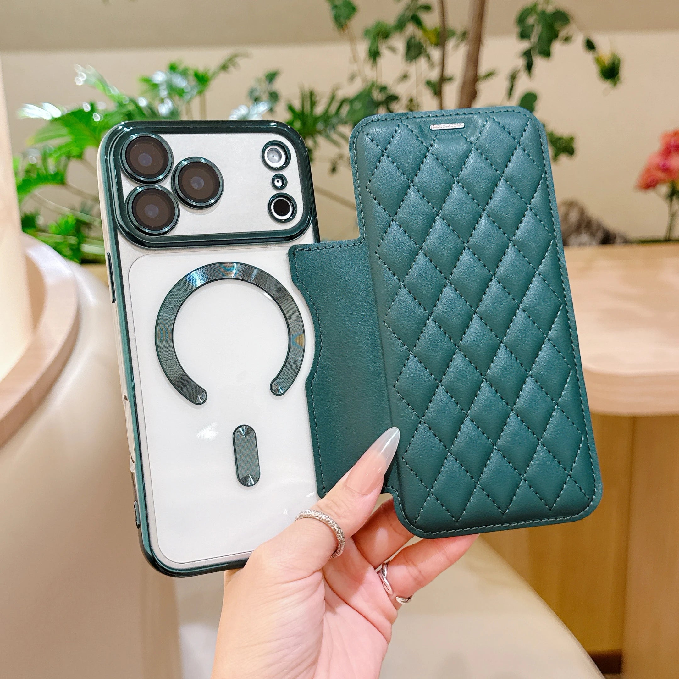 Grid PU Leather Flip Wallet Phone Case for iPhone Air 17 Pro Max Card Slots Full Protection Wireless Charging Magnetic Cover