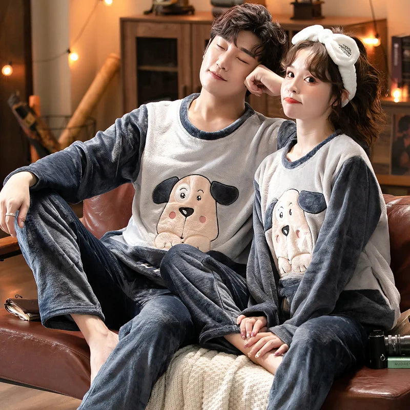 Couple Pajamas Set Winter Flannel Pyjamas Women Home Wear Nightwear 2Pcs Men's Sleepwear Cartoon Panda Pijama Warm Clothes Suit