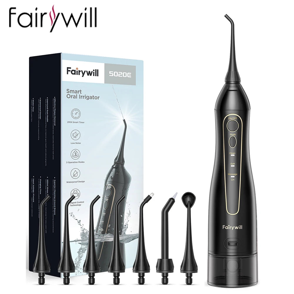 Fairywill Portable Dental Water Flosser Oral Irrigator USB Rechargeable Water Floss Jet Tooth Pick 7Tips 300ml Mouth washing ma