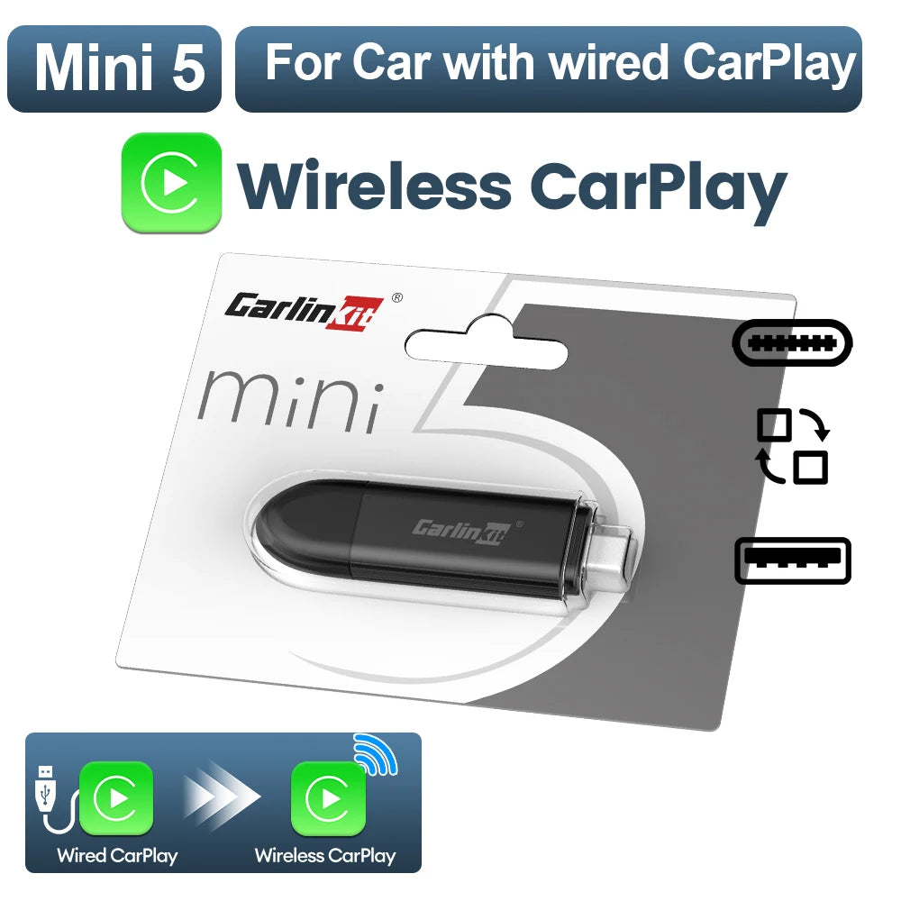 CarlinKit Mini 5 SE Wired To Wireless CarPlay Adapter 5Ghz WiFI Bluetooth Auto-Connect Online Upgrade Easy Setup Smart Car Box