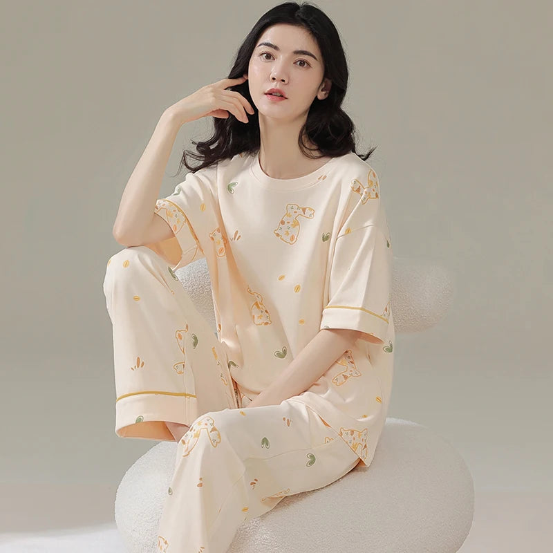 New Pajama Soft Cotton Pajamas for Women Summer Short Sleeved Plaid Pants Pijamas Korean Kawaii Rabbit Print Sleepwear
