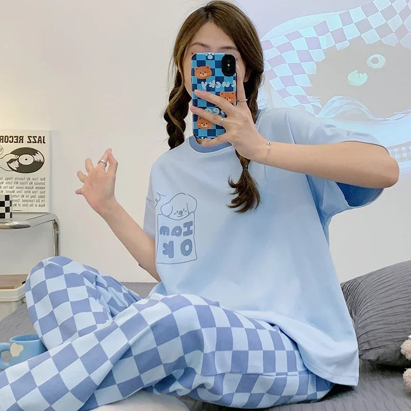 New Pajama Soft Cotton Pajamas for Women Summer Short Sleeved Plaid Pants Pijamas Korean Kawaii Rabbit Print Sleepwear