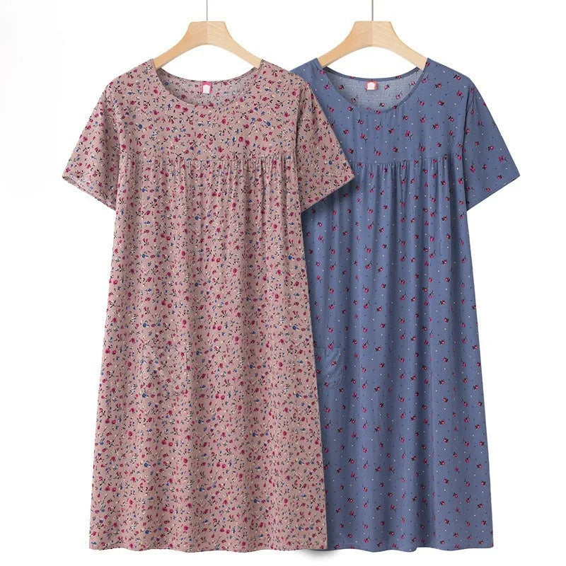 Middle-Aged and Elderly Short Sleeve Nightdresses Women Pajamas Summer Thin Loose Dresses Printed Ladies Sleepwear Homewear