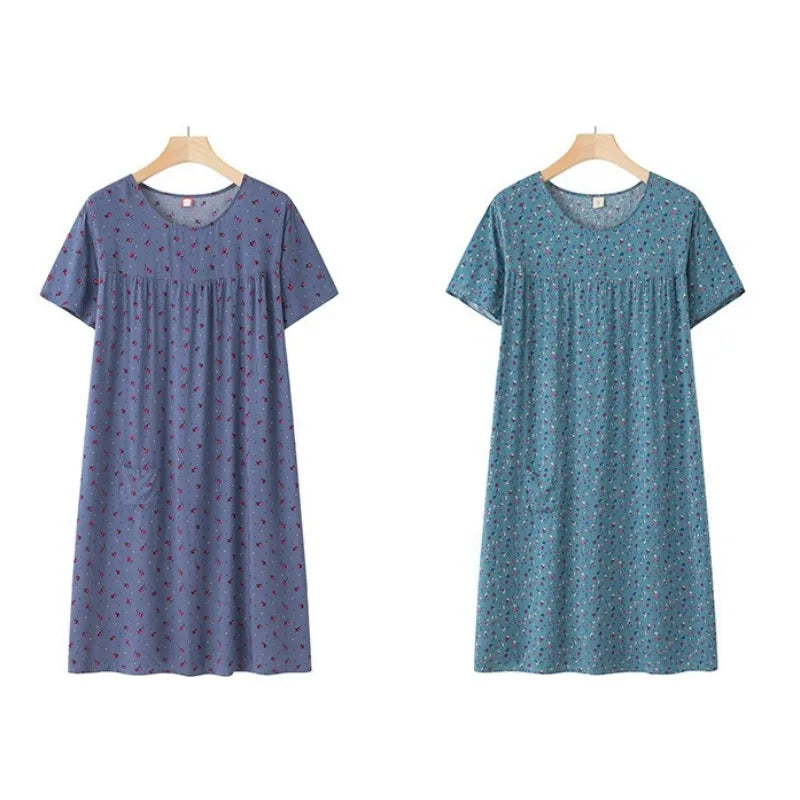 Middle-Aged and Elderly Short Sleeve Nightdresses Women Pajamas Summer Thin Loose Dresses Printed Ladies Sleepwear Homewear