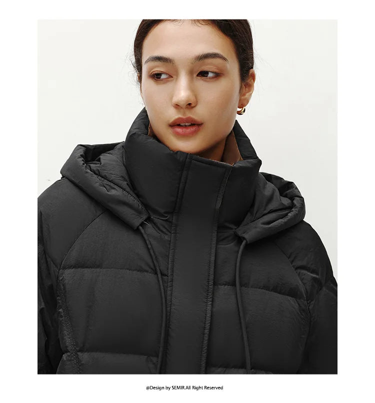 Semir Down Jacket Women Long Length Hooded Black Coat 2025 Winter New Loose Outerwear Fashion Women's down coat