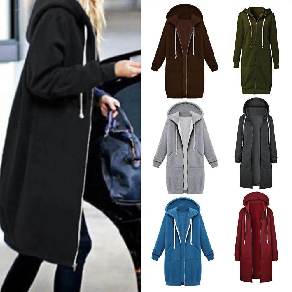 Plush Hooded Drawstring Women Jacket Thick Long Sleeves Zip Up Knee Length Autumn Coat Hooded Long Loose Winter Sweatshirt