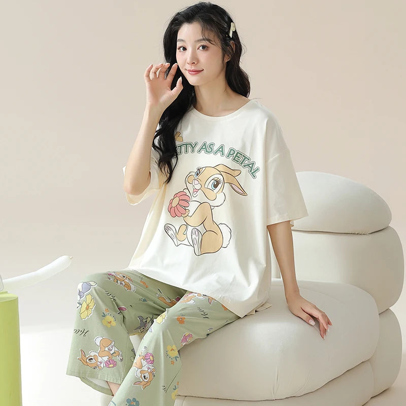 New Pajama Soft Cotton Pajamas for Women Summer Short Sleeved Plaid Pants Pijamas Korean Kawaii Rabbit Print Sleepwear