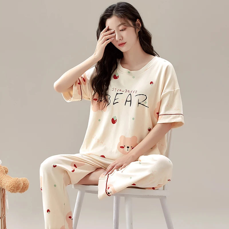 New Pajama Soft Cotton Pajamas for Women Summer Short Sleeved Plaid Pants Pijamas Korean Kawaii Rabbit Print Sleepwear