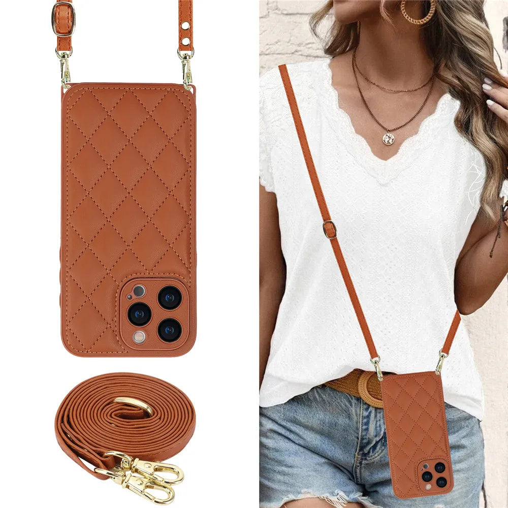 Luxury Long Lanyard Crossbody Leather Phone Case For iPhone 15 14 13 12 11 Pro Max XS XR Adjustable Shoulder Strap Leather Cover