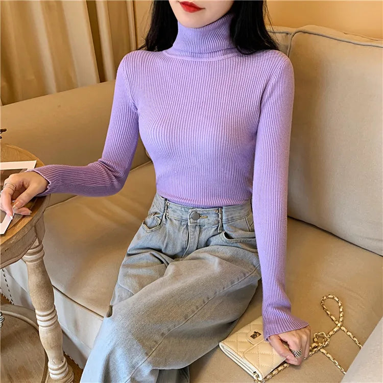 2026 Autumn Winter Women Long Sleeve Knitted Foldover Turtleneck Ribbed Pull Sweater Soft Warm Femme Jumper Pullover Clothes