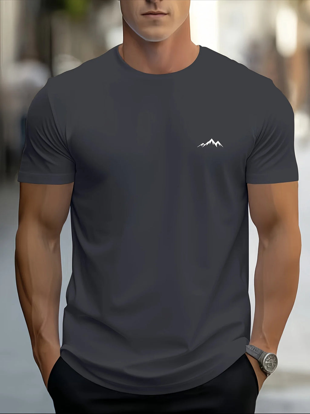 Men's summer 100% pure cotton fashionable casual sports loose mountain print round neck short sleeved T-shirt top