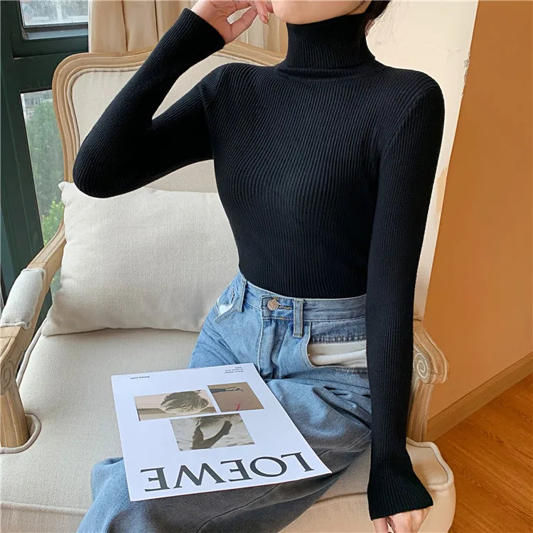 2026 Autumn Winter Women Long Sleeve Knitted Foldover Turtleneck Ribbed Pull Sweater Soft Warm Femme Jumper Pullover Clothes