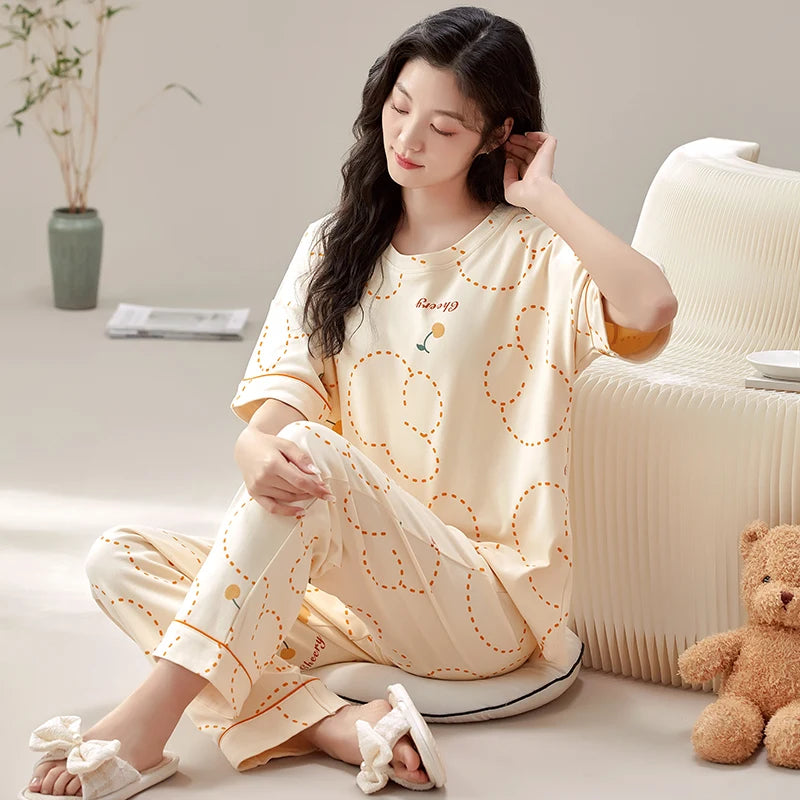 New Pajama Soft Cotton Pajamas for Women Summer Short Sleeved Plaid Pants Pijamas Korean Kawaii Rabbit Print Sleepwear