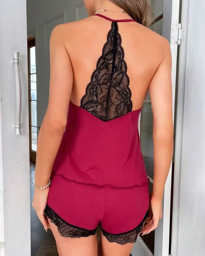 Summer Lace Crochet 2 Pieces Pajamas Set for Women Sleepwear Sleeveless V-Neck Crop Tops and Shorts Sets Casual Loungewear