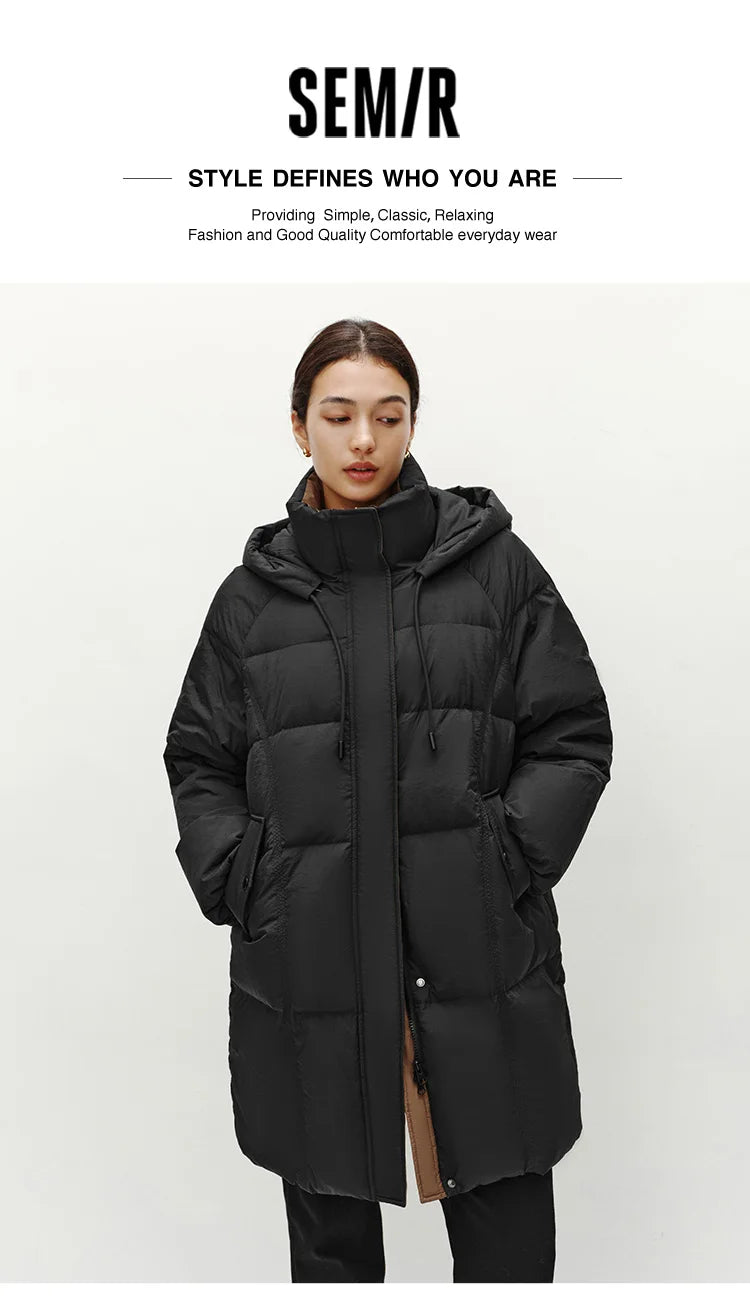 Semir Down Jacket Women Long Length Hooded Black Coat 2025 Winter New Loose Outerwear Fashion Women's down coat