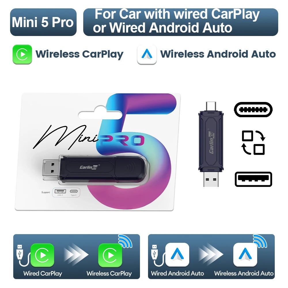 CarlinKit Mini 5 SE Wired To Wireless CarPlay Adapter 5Ghz WiFI Bluetooth Auto-Connect Online Upgrade Easy Setup Smart Car Box