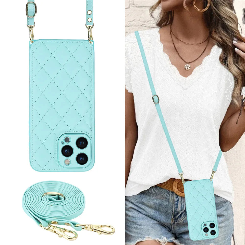 Luxury Long Lanyard Crossbody Leather Phone Case For iPhone 15 14 13 12 11 Pro Max XS XR Adjustable Shoulder Strap Leather Cover