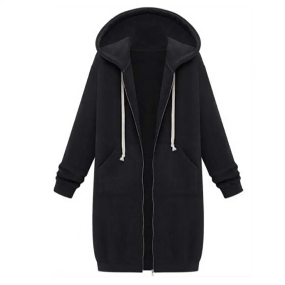 Plush Hooded Drawstring Women Jacket Thick Long Sleeves Zip Up Knee Length Autumn Coat Hooded Long Loose Winter Sweatshirt