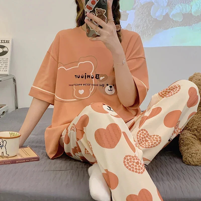 New Pajama Soft Cotton Pajamas for Women Summer Short Sleeved Plaid Pants Pijamas Korean Kawaii Rabbit Print Sleepwear